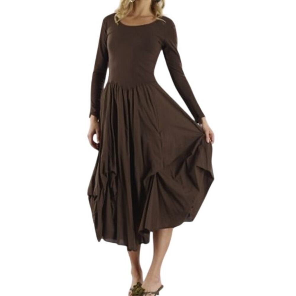 Luna Luz Long Sleeve Tie Dress Chocolate Brown XL X-Large Fit Flare Full Skirt